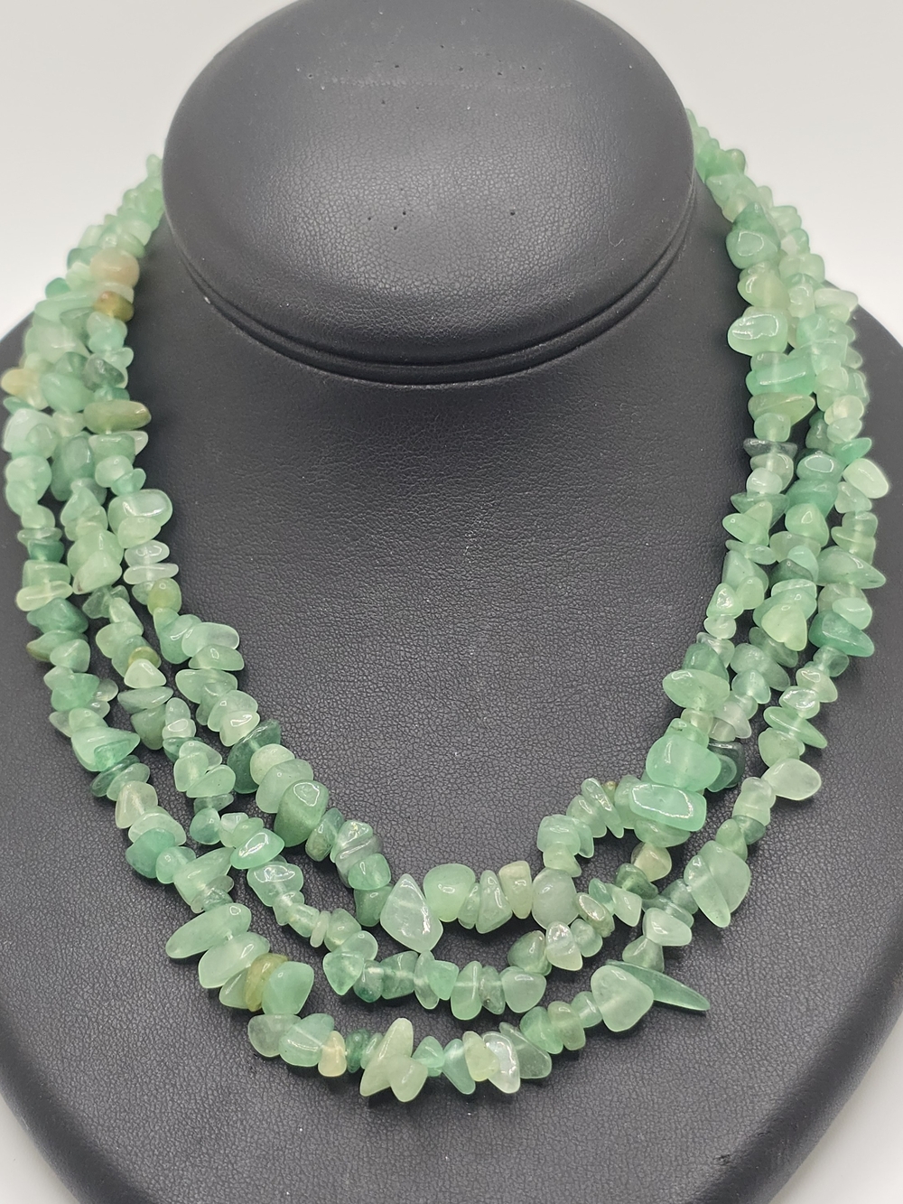 Green Aventurine Chip Necklace Triple Strand Beaded Lobster Clasp 16" Adjustable